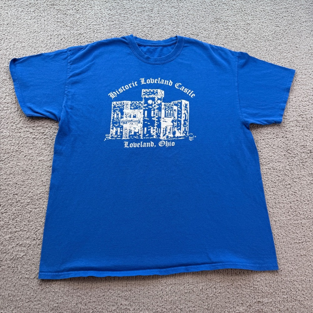 Historic Loveland Castle Ohio Blue Graphic T-Shirt Mens XL Souvenir Tee